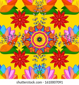 Vector flat flowers seamless pattern. Flowers on red, orange and yellow colors. Design gift wrapping paper, greeting cards, posters and banner design.