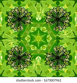 Vector flat flowers seamless pattern. Flowers on yellow, green and black colors. Design gift wrapping paper, greeting cards, posters and banner design.