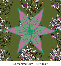 Vector flat flowers seamless pattern. Design gift wrapping paper, greeting cards, posters and banner design. Flowers on green, pink and black colors.