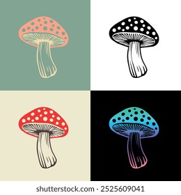 Vector flat fly agaric mushroom icon amanita. Set collection different colors, different backgrounds