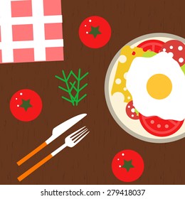 Vector flat food background. Breakfast with tomato, eggs and cheese.