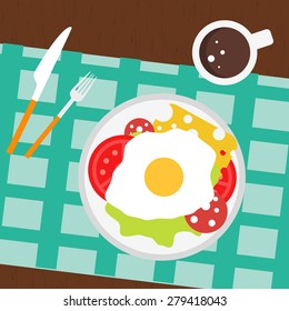 Vector flat food background. Breakfast with tomato, eggs and cheese.