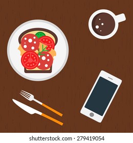 Vector flat food background. Sandwich, coffee and smartphone.