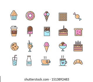 Vector flat food icons isolated on white background. Colorful coffee and sweets signs. Collection of food elements. Cupcake, coffee, icecream, fastfood, cookie, milk, tea, cake, waffle.