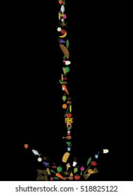 Vector flat food icons. Symbols on the black background and vertical jet shape