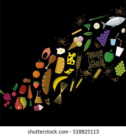 Vector flat food icons. Wave shape rainbow colors symbols on the black background.