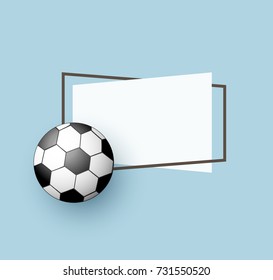 vector flat football, soccer ball, sport equipment object with paper banner in frame with free space for your text. graphic design or web design element. illustration on blue background