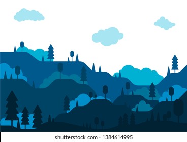 vector flat forest illustration, hills and trees in blue colours, nature landscape