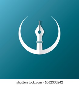 vector flat Fountain pen icon with transparent shadow isolated on blue background. vector blogger, designer or writer flat modern design style logo template with nib