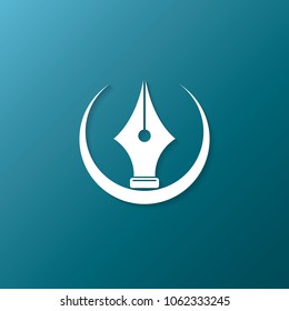 vector flat Fountain pen icon with transparent shadow isolated on blue background. vector blogger, designer or writer flat modern design style logo template with nib