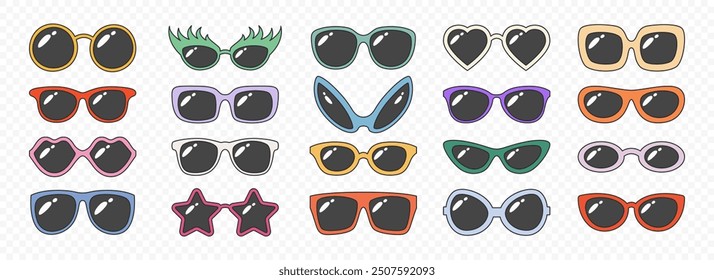 Vector Flat Frame Glasses Icon Set. Sunglasses, Vintage Eyeglasses, Lenses. Optics and Eyewear Design Template. Vector Illustration. Flat Vector Design for Eyewear and Optics