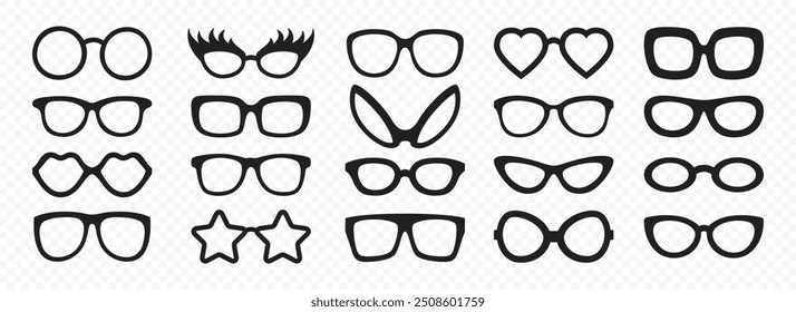 Vector Flat Frame Glasses Icon Set. Sunglasses, Vintage Eyeglasses, Lenses. Optics and Eyewear Design Template. Vector Illustration. Flat Vector Design for Eyewear and Optics