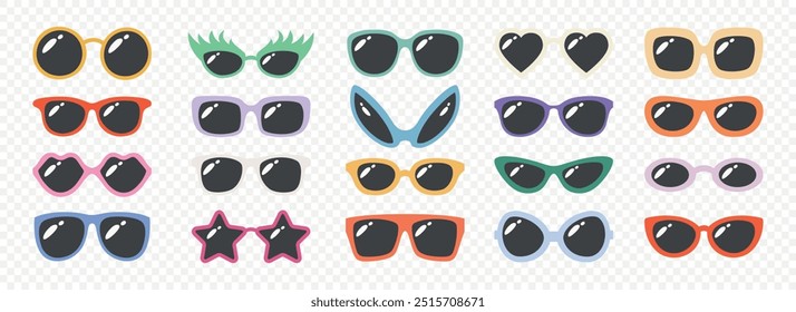 Vector Flat Frame Glasses Icon Set. Sunglasses, Vintage Eyeglasses, Lenses. Optics and Eyewear Design Template. Vector Illustration. Flat Vector Design for Eyewear and Optics