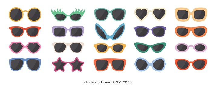 Vector Flat Frame Glasses Icon Set. Sunglasses, Vintage Eyeglasses, Lenses. Optics and Eyewear Design Template. Vector Illustration. Flat Vector Design for Eyewear and Optics