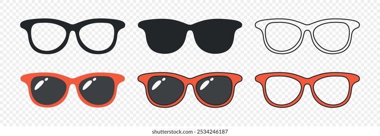 Vector Flat Frame Glasses Icon Set. Sunglasses, Vintage Eyeglasses, Lenses. Optics and Eyewear Design Template. Vector Illustration. Flat Vector Design for Eyewear and Optics