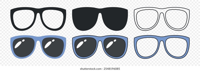 Vector Flat Frame Glasses Icon Set. Sunglasses, Vintage Eyeglasses, Lenses. Optics and Eyewear Design Template. Vector Illustration. Flat Vector Design for Eyewear and Optics