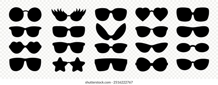 Vector Flat Frame Glasses Silhouette Icon Set. Sunglasses, Vintage Eyeglasses, Lenses. Optics and Eyewear Design Template. Vector Illustration. Flat Vector Design for Eyewear and Optics