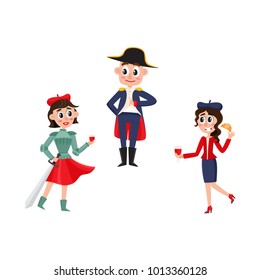 vector flat french parisian culture, traditional people set. Woman in red beret, long skirt, striped tshirt drinking wine, holding croissant, another girl in Joan of Arc man in Napoleon costume.