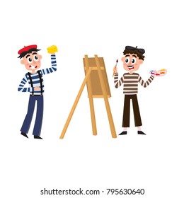 vector flat french parisian culture, traditional people. Male character wearing traditional pants on suspenders, beret eating cheese, man artist drawing with brush at canvas. Isolated illustration