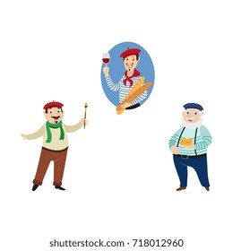 vector flat French parisian man with baguette and glass of wine, male character in pants on suspenders with cheese and painter arstist with brush set Isolated illustration ona white background
