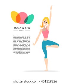 Vector flat friendly smiling girl, woman person character portrait. Smiling lady yoga instructor portrait isolated. Yoga and spa center logo. Lotus icon. Cartoon style. Human profession icon.