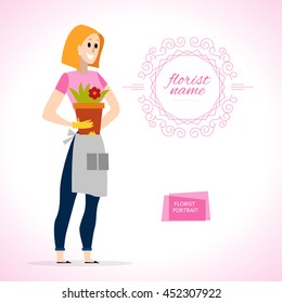 Vector flat friendly smiling person character portrait. Lady florist portrait isolated on white background. Cartoon style. Human profession icon. Awesome smiling woman standing.