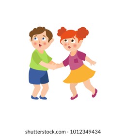 Vector flat frightened teenage boy and girl holding hands in fear. Male, female cartoon character chasing looking back scared, afraid of something in panik. Isolated illustration, white background.