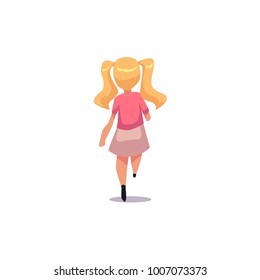 Vector flat frightened teenager girl in skirt with blonde pigtails running away. Female cartoon character chasing scared, afraid of something in panic. Isolated illustration, white background.