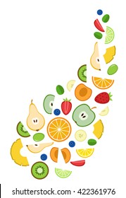 Vector flat fruit and berries: apple, strawberry, pineapple, citrus, pear, grape, kiwi, blueberry isolated on a white