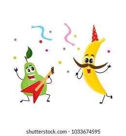 Vector flat fruit characters summer party set. Banana in party hat, mustache pear rockstar playing electric guitar singing song. Summer vacation, Isolated illustration, white background