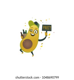 Vector flat funny avocado happy fruit character smiling holding glass beer bottle, party placard going to have fun. Summer vacation party poster design element. Isolated illustration white background.