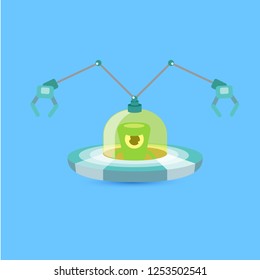 vector flat funny blue alien spaceship logo design template isolated on blue background. cartoon ufo alien in space. funny flying saucer