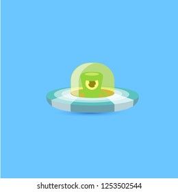 vector flat funny blue alien spaceship logo design template isolated on blue background. cartoon ufo alien in space. funny flying saucer