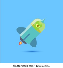 vector flat funny blue alien spaceship logo design template isolated on blue background. cartoon ufo alien in space. funny flying saucer