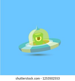 vector flat funny blue alien spaceship logo design template isolated on blue background. cartoon ufo alien in space. funny flying saucer