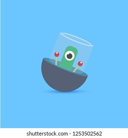 vector flat funny blue alien spaceship logo design template isolated on blue background. cartoon ufo alien in space. funny flying saucer