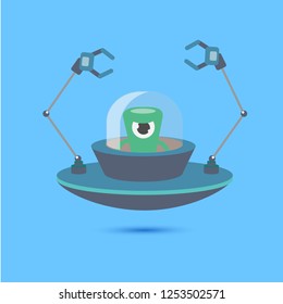 vector flat funny blue alien spaceship logo design template isolated on blue background. cartoon ufo alien in space. funny flying saucer