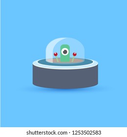vector flat funny blue alien spaceship logo design template isolated on blue background. cartoon ufo alien in space. funny flying saucer