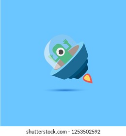 vector flat funny blue alien spaceship logo design template isolated on blue background. cartoon ufo alien in space. funny flying saucer