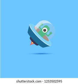 vector flat funny blue alien spaceship logo design template isolated on blue background. cartoon ufo alien in space. funny flying saucer