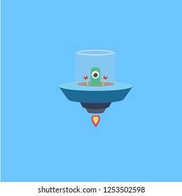 vector flat funny blue alien spaceship logo design template isolated on blue background. cartoon ufo alien in space. funny flying saucer