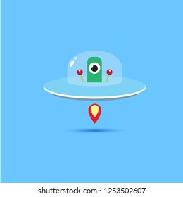 vector flat funny blue alien spaceship logo design template isolated on blue background. cartoon ufo alien in space. funny flying saucer
