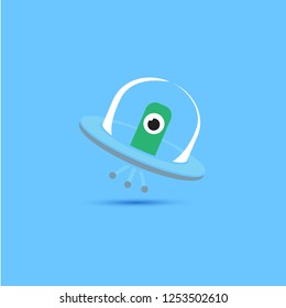 vector flat funny blue alien spaceship logo design template isolated on blue background. cartoon ufo alien in space. funny flying saucer