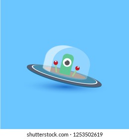 vector flat funny blue alien spaceship logo design template isolated on blue background. cartoon ufo alien in space. funny flying saucer