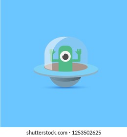 vector flat funny blue alien spaceship logo design template isolated on blue background. cartoon ufo alien in space. funny flying saucer