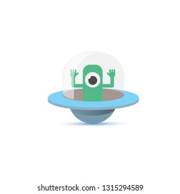 vector flat funny blue alien spaceship logo or label design template isolated on white background. cartoon ufo alien in space. funny flying saucer icon