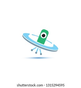 vector flat funny blue alien spaceship logo or label design template isolated on white background. cartoon ufo alien in space. funny flying saucer icon
