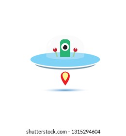 vector flat funny blue alien spaceship logo or label design template isolated on white background. cartoon ufo alien in space. funny flying saucer icon