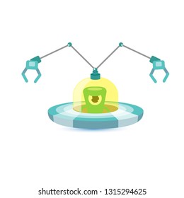 vector flat funny blue alien spaceship logo or label design template isolated on white background. cartoon ufo alien in space. funny flying saucer icon