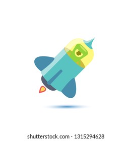 vector flat funny blue alien spaceship logo or label design template isolated on white background. cartoon ufo alien in space. funny flying saucer icon